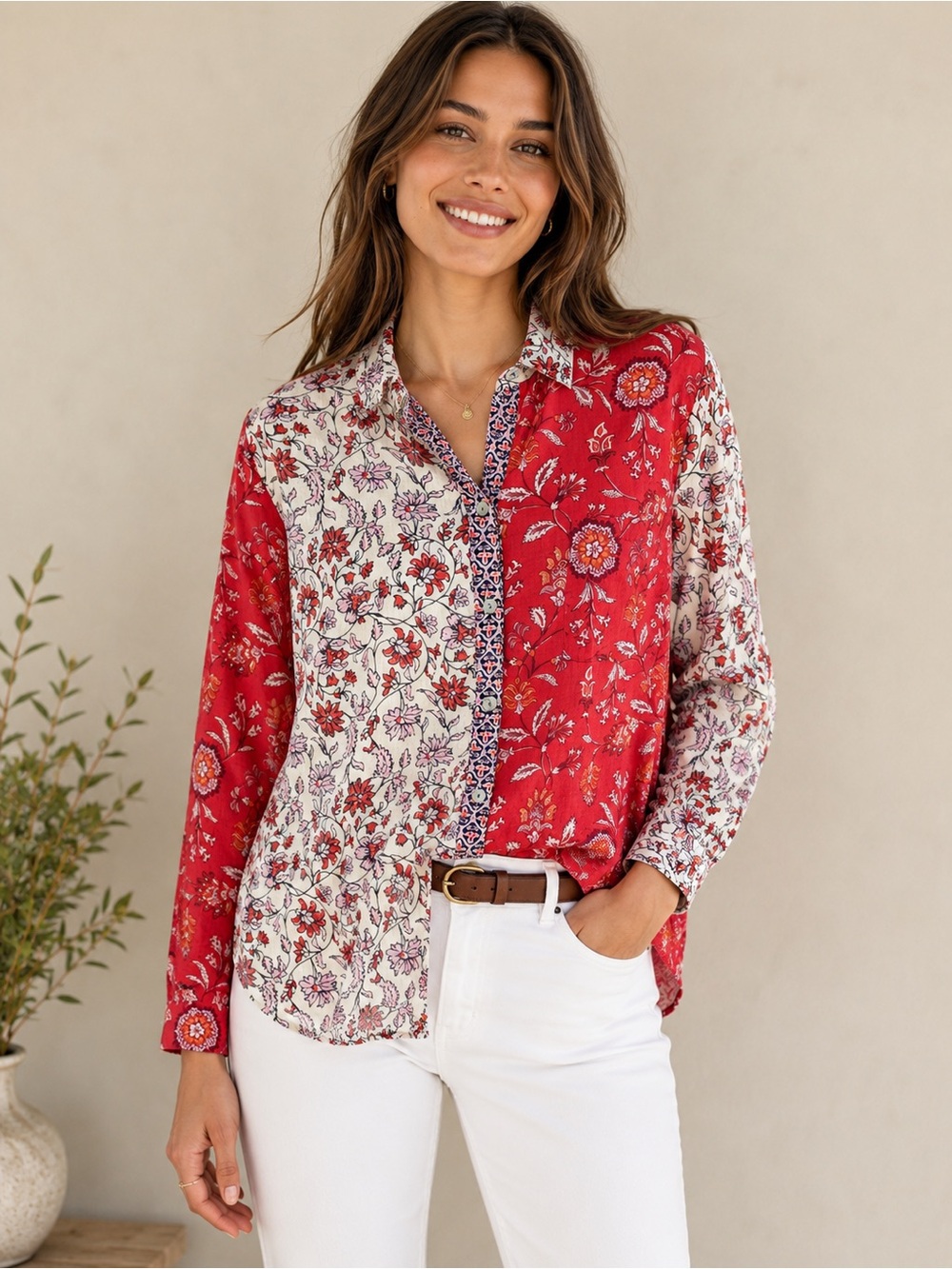 J.Jill Pomegranate Mixed Floral 100% Cotton Button Front Shirt Large